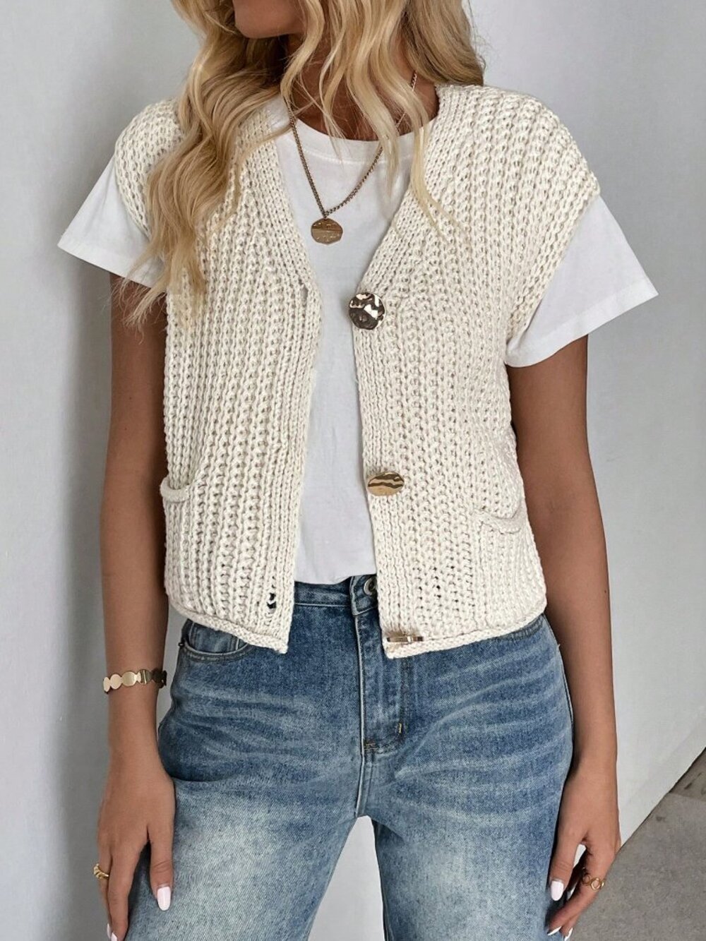 Apricot Casual Women's V-Neck Ribbed Knitted Cardigan Sweater Vest - Picture 7 of 7